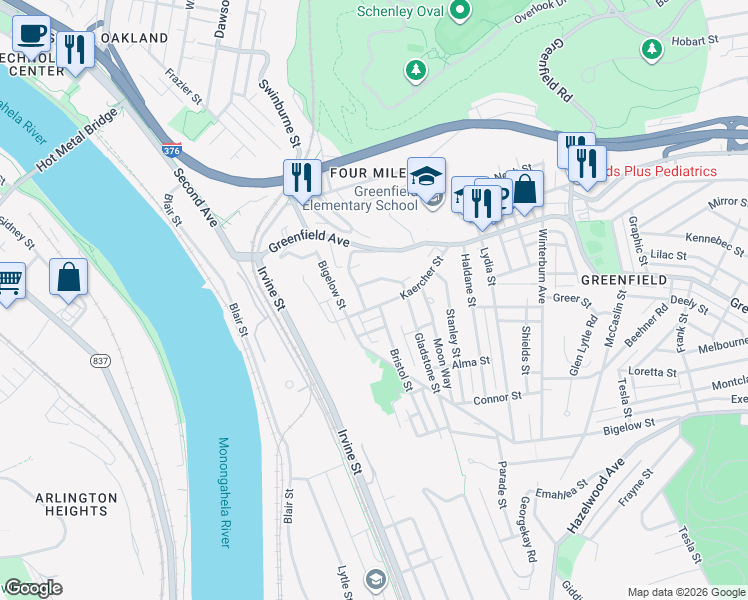 map of restaurants, bars, coffee shops, grocery stores, and more near 229 Kaercher Street in Pittsburgh