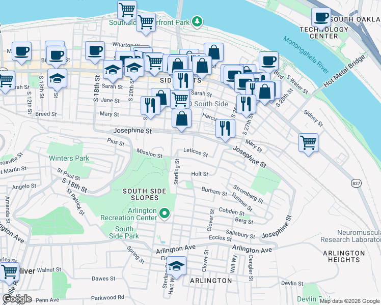 map of restaurants, bars, coffee shops, grocery stores, and more near 2400 Leticoe Street in Pittsburgh