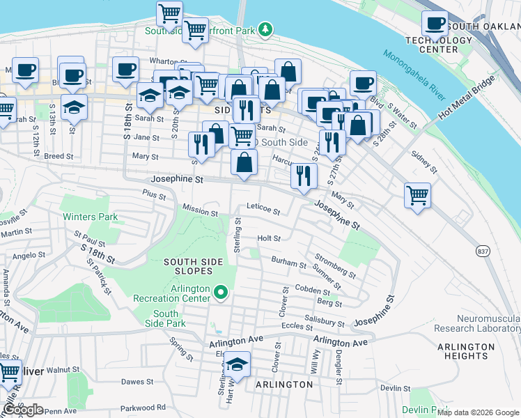 map of restaurants, bars, coffee shops, grocery stores, and more near 2400 Leticoe Street in Pittsburgh