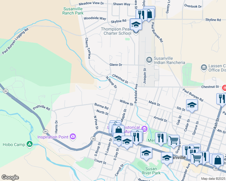 map of restaurants, bars, coffee shops, grocery stores, and more near 400 North Roop Street in Susanville