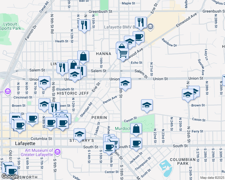 map of restaurants, bars, coffee shops, grocery stores, and more near 1709 Rainey St in Lafayette