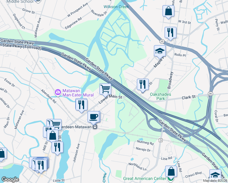 map of restaurants, bars, coffee shops, grocery stores, and more near 134 Lower Main Street in Aberdeen Township