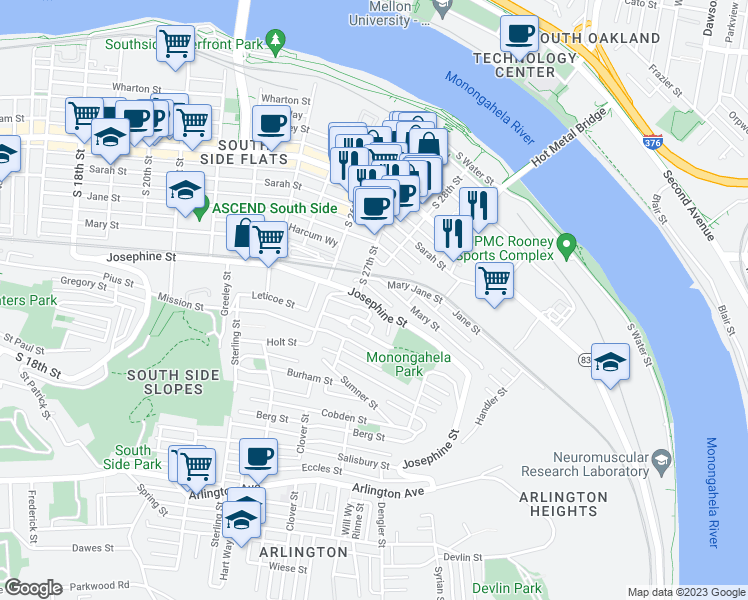 map of restaurants, bars, coffee shops, grocery stores, and more near 2717 Josephine Street in Pittsburgh
