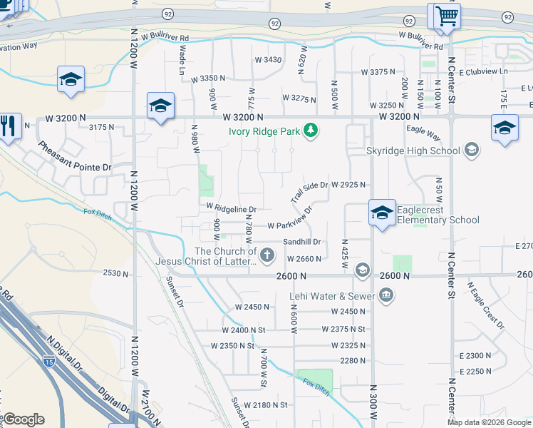map of restaurants, bars, coffee shops, grocery stores, and more near 707 West Ridgeline Drive in Lehi