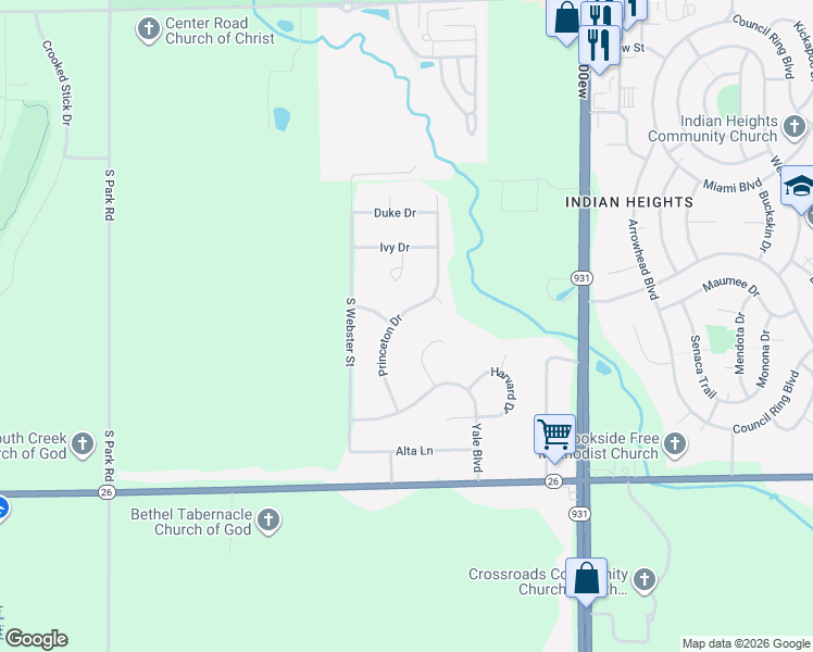 map of restaurants, bars, coffee shops, grocery stores, and more near 5716 Princeton Drive in Kokomo