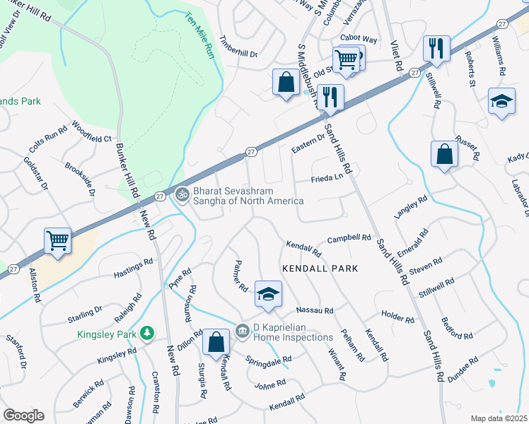 map of restaurants, bars, coffee shops, grocery stores, and more near 223 Kendall Road in South Brunswick Township