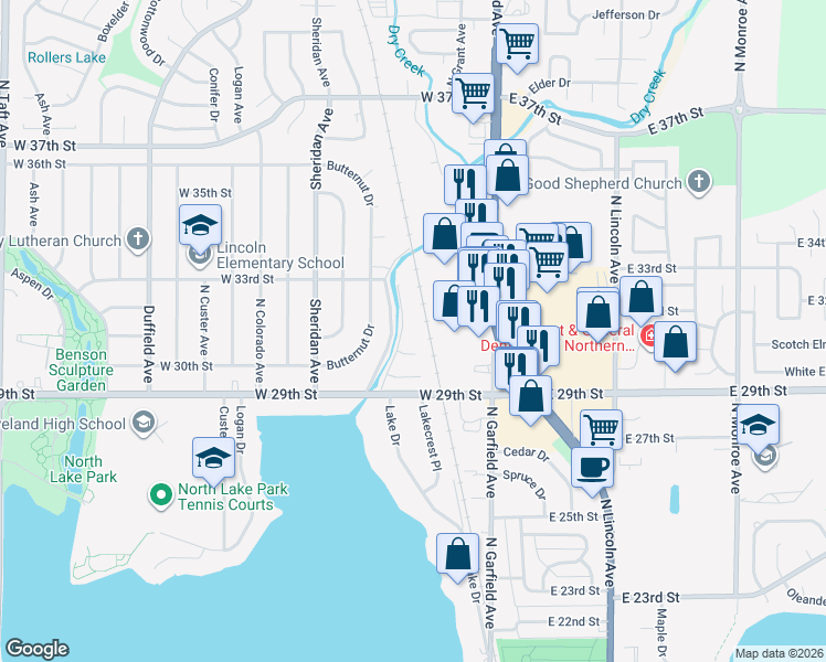 map of restaurants, bars, coffee shops, grocery stores, and more near 3118 Lake Drive in Loveland