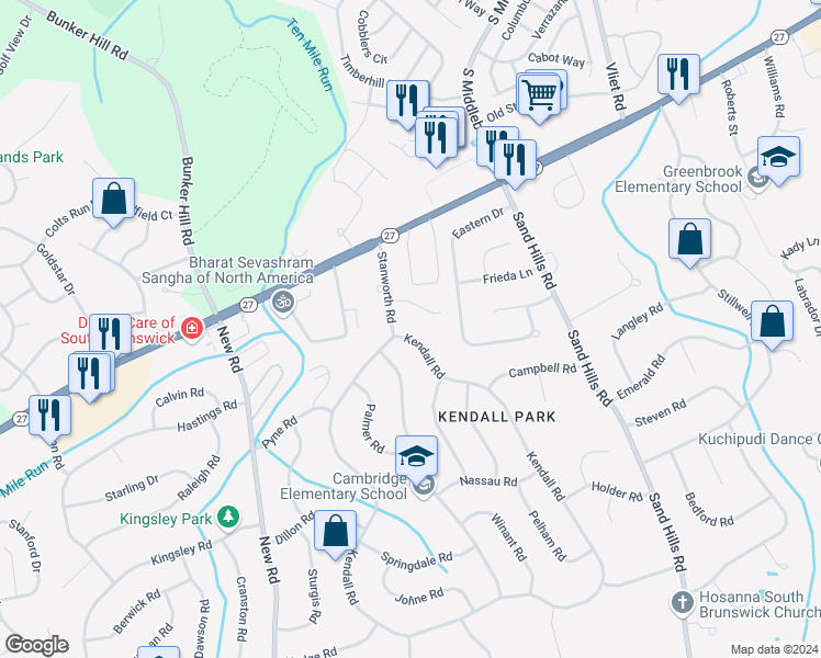 map of restaurants, bars, coffee shops, grocery stores, and more near 223 Kendall Road in South Brunswick Township
