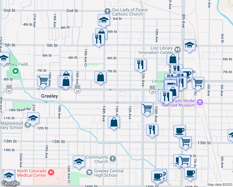 map of restaurants, bars, coffee shops, grocery stores, and more near 913 13th Avenue in Greeley