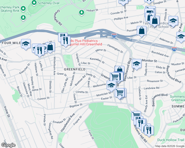 map of restaurants, bars, coffee shops, grocery stores, and more near 901 Deely Street in Pittsburgh