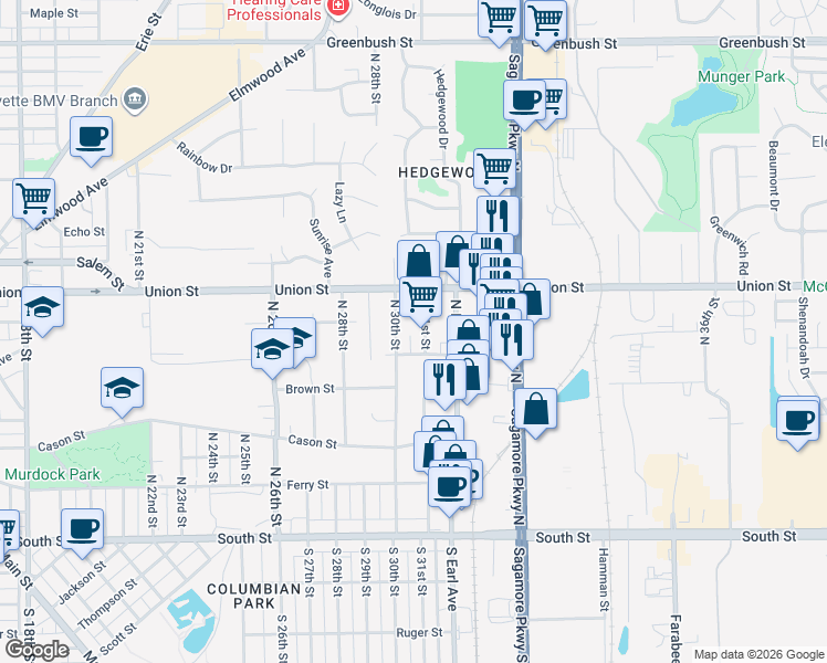 map of restaurants, bars, coffee shops, grocery stores, and more near 712 North 31st Street in Lafayette