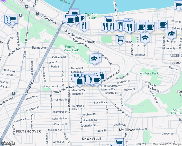 map of restaurants, bars, coffee shops, grocery stores, and more near 804 Eureka Street in Pittsburgh