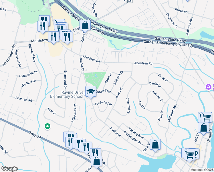 map of restaurants, bars, coffee shops, grocery stores, and more near 4 Fawn Dr in Matawan