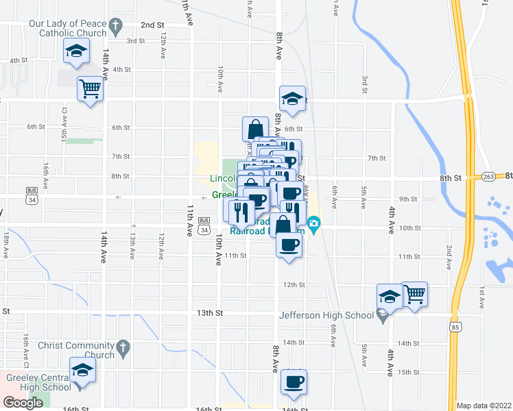 map of restaurants, bars, coffee shops, grocery stores, and more near 824 9th Street in Greeley