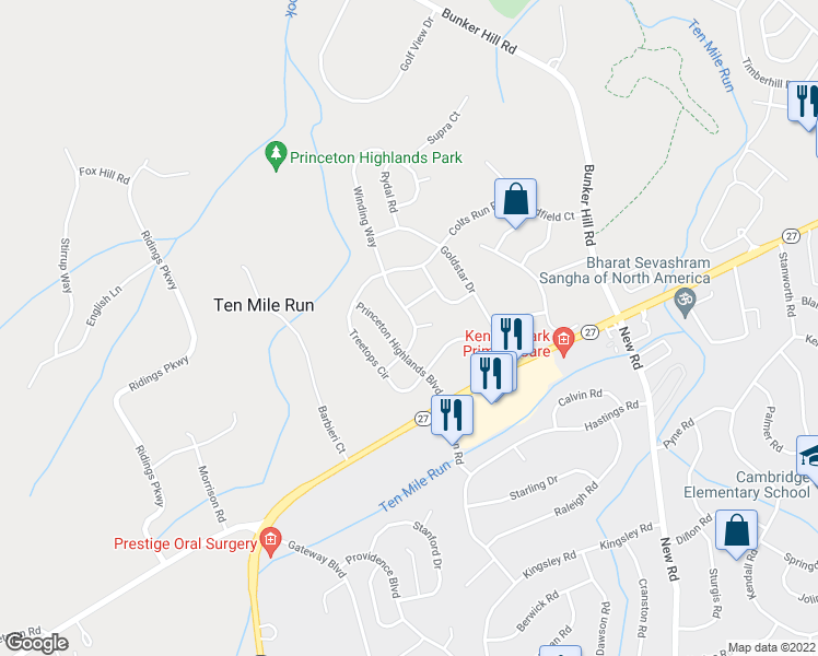 map of restaurants, bars, coffee shops, grocery stores, and more near 11 Winding Way in Princeton