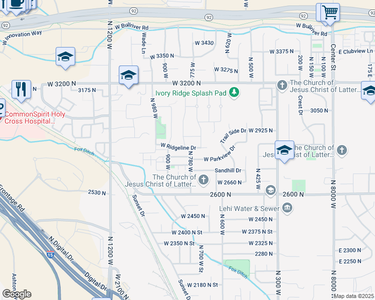 map of restaurants, bars, coffee shops, grocery stores, and more near 801 West Ridgeline Drive in Lehi