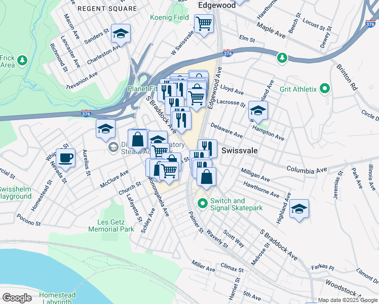 map of restaurants, bars, coffee shops, grocery stores, and more near 1816 South Braddock Avenue in Swissvale