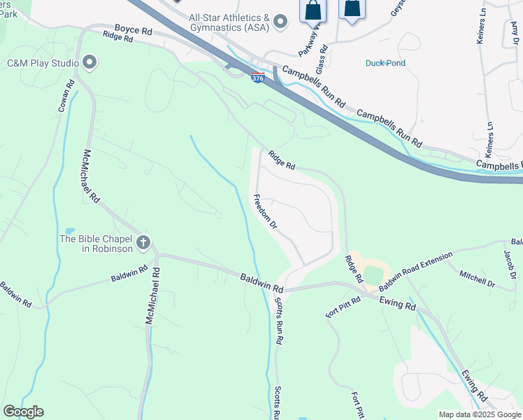 map of restaurants, bars, coffee shops, grocery stores, and more near Freedom Drive in Carnegie
