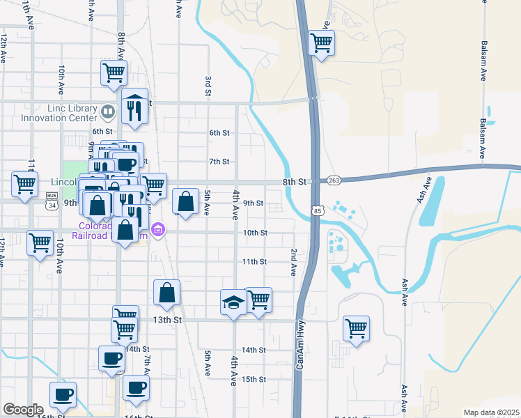 map of restaurants, bars, coffee shops, grocery stores, and more near 901 3rd Avenue in Greeley