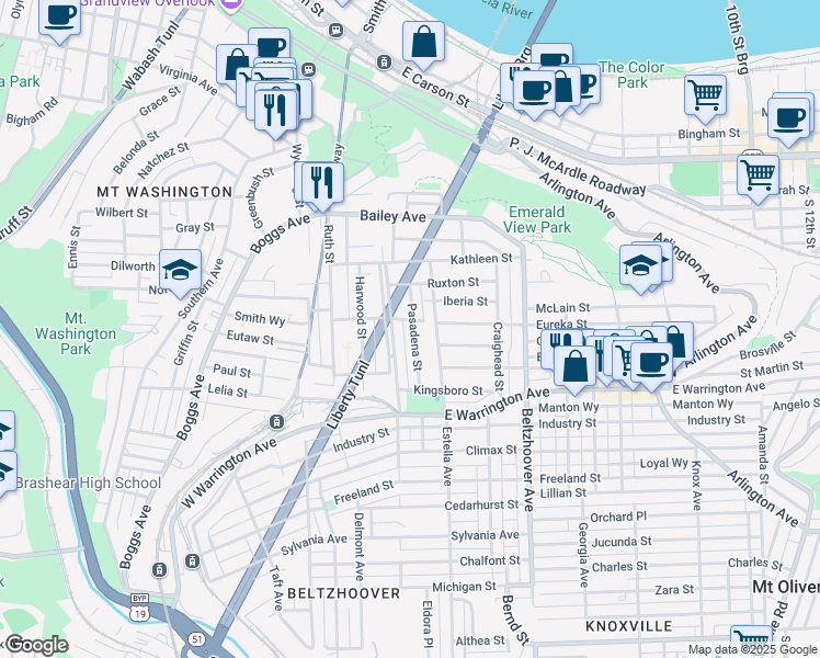 map of restaurants, bars, coffee shops, grocery stores, and more near 60 Pasadena Street in Pittsburgh