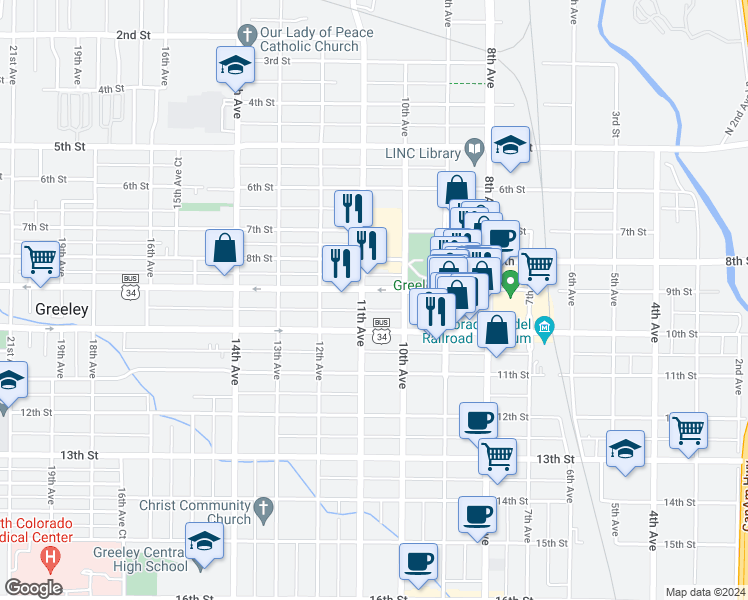 map of restaurants, bars, coffee shops, grocery stores, and more near 1018 9th Street in Greeley