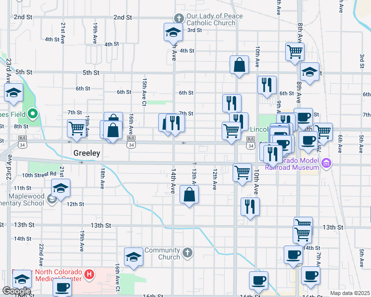 map of restaurants, bars, coffee shops, grocery stores, and more near 913 13th Avenue in Greeley
