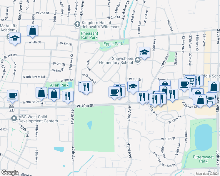 map of restaurants, bars, coffee shops, grocery stores, and more near 911 44th Avenue Court in Greeley
