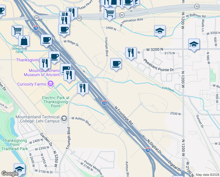 map of restaurants, bars, coffee shops, grocery stores, and more near 2800 Digital Drive in Lehi