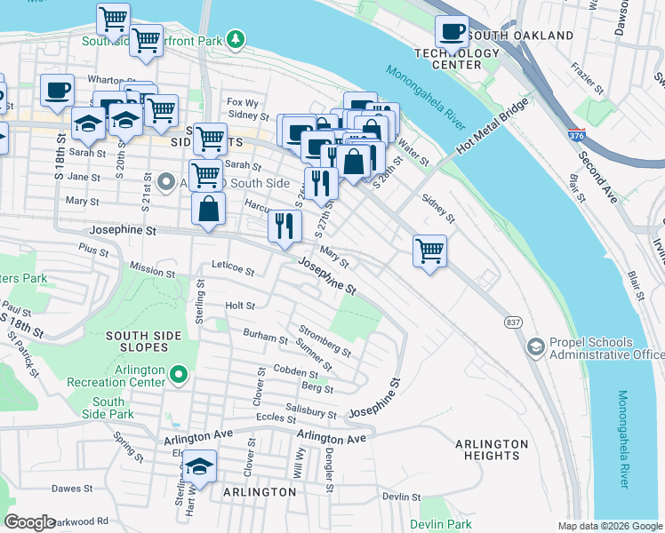 map of restaurants, bars, coffee shops, grocery stores, and more near 2717 Josephine Street in Pittsburgh