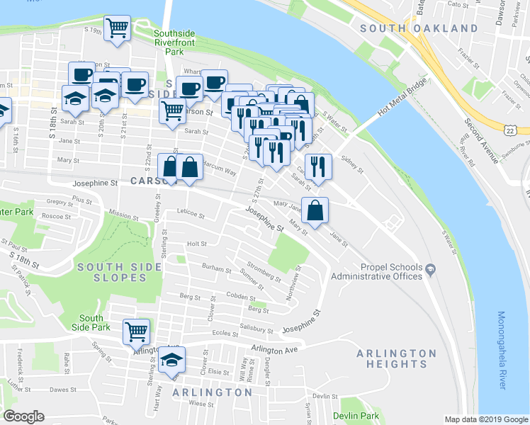 map of restaurants, bars, coffee shops, grocery stores, and more near 2717 Josephine Street in Pittsburgh