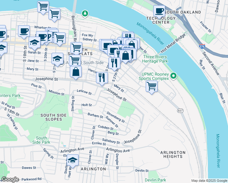 map of restaurants, bars, coffee shops, grocery stores, and more near 2717 Josephine Street in Pittsburgh