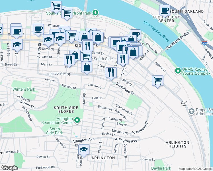 map of restaurants, bars, coffee shops, grocery stores, and more near 20 Kosciusko Way in Pittsburgh