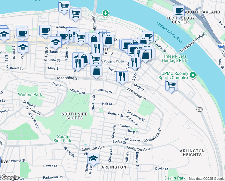 map of restaurants, bars, coffee shops, grocery stores, and more near 20 Kosciusko Way in Pittsburgh