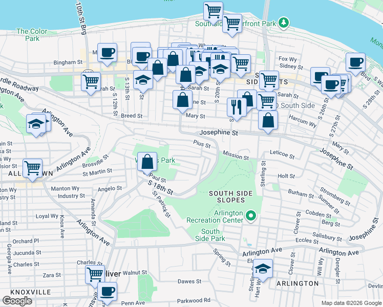 map of restaurants, bars, coffee shops, grocery stores, and more near 46 Magdalene Street in Pittsburgh