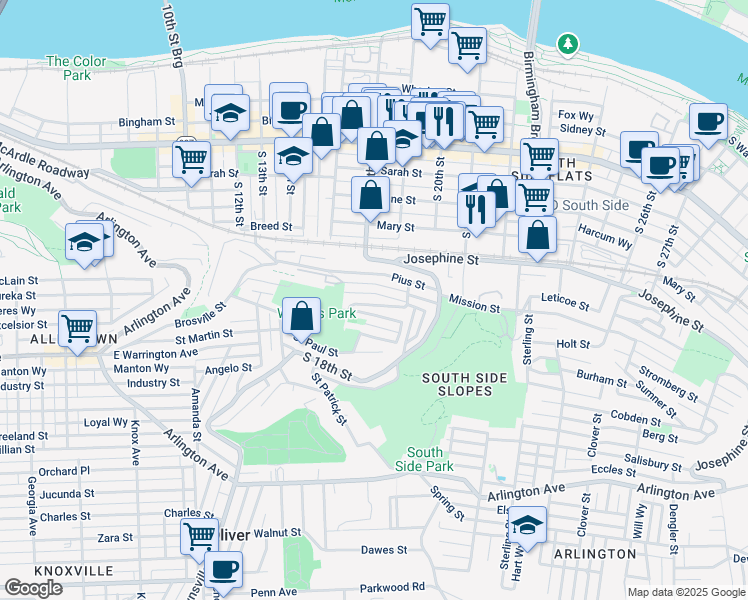 map of restaurants, bars, coffee shops, grocery stores, and more near 46 Magdalene Street in Pittsburgh