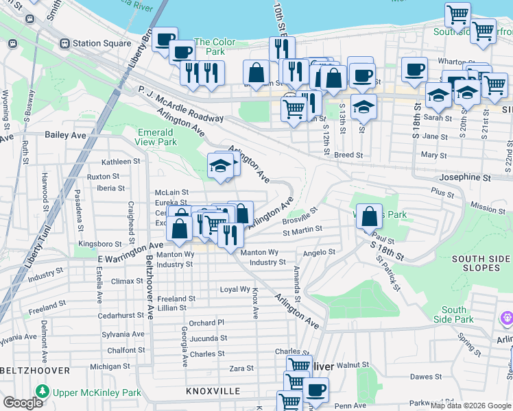 map of restaurants, bars, coffee shops, grocery stores, and more near 932 Eureka Street in Pittsburgh
