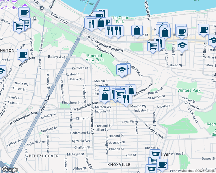 map of restaurants, bars, coffee shops, grocery stores, and more near 724 Eureka Street in Pittsburgh