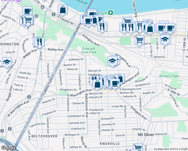map of restaurants, bars, coffee shops, grocery stores, and more near 622 Eureka Street in Pittsburgh