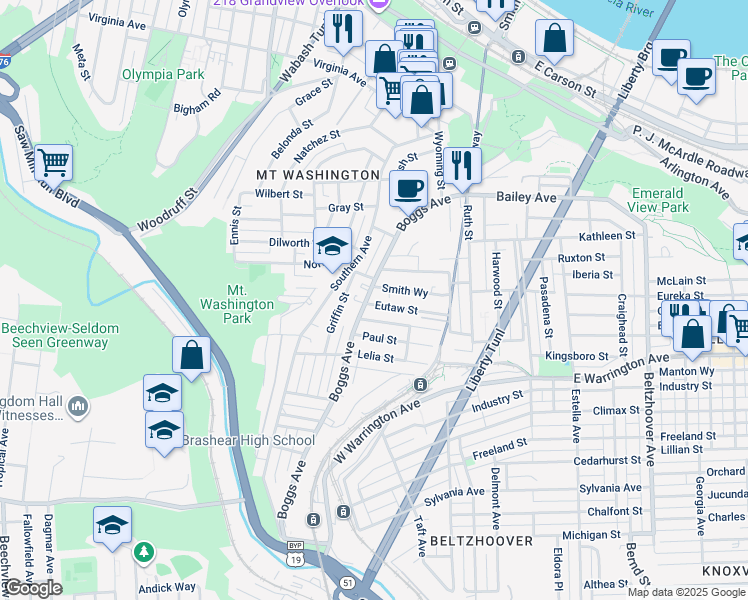 map of restaurants, bars, coffee shops, grocery stores, and more near 225 Eutaw Street in Pittsburgh