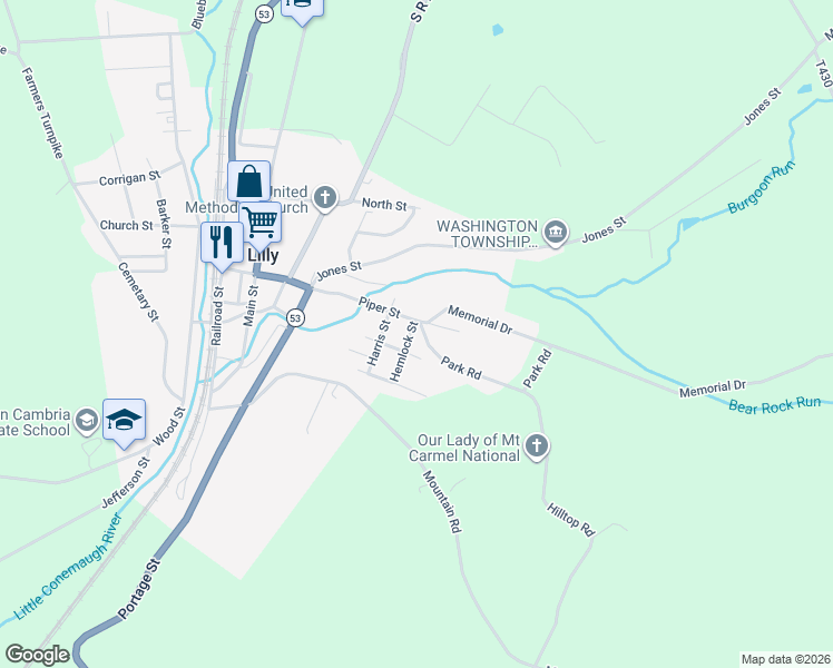 map of restaurants, bars, coffee shops, grocery stores, and more near 149-299 Park Road in Lilly