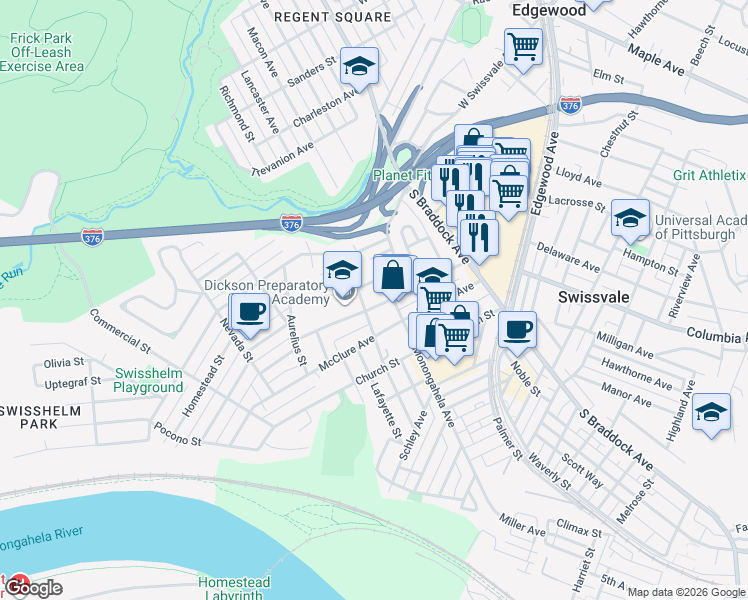 map of restaurants, bars, coffee shops, grocery stores, and more near in Swissvale