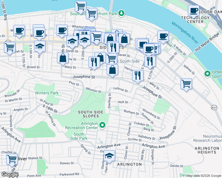 map of restaurants, bars, coffee shops, grocery stores, and more near 35 Greeley Street in Pittsburgh
