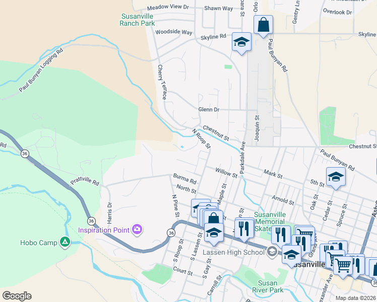 map of restaurants, bars, coffee shops, grocery stores, and more near 550 Wood Duck Court in Susanville