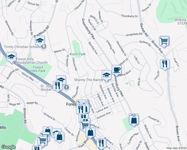 map of restaurants, bars, coffee shops, grocery stores, and more near 452 Pacific Avenue in Pittsburgh