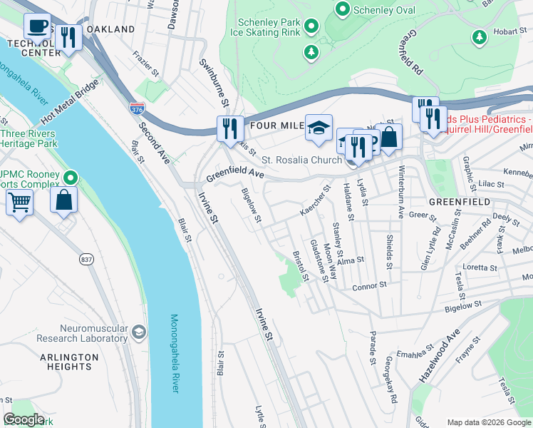 map of restaurants, bars, coffee shops, grocery stores, and more near 69 Bigelow Street in Pittsburgh