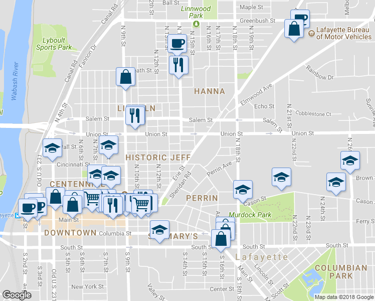 map of restaurants, bars, coffee shops, grocery stores, and more near 1417 Elizabeth Street in Lafayette