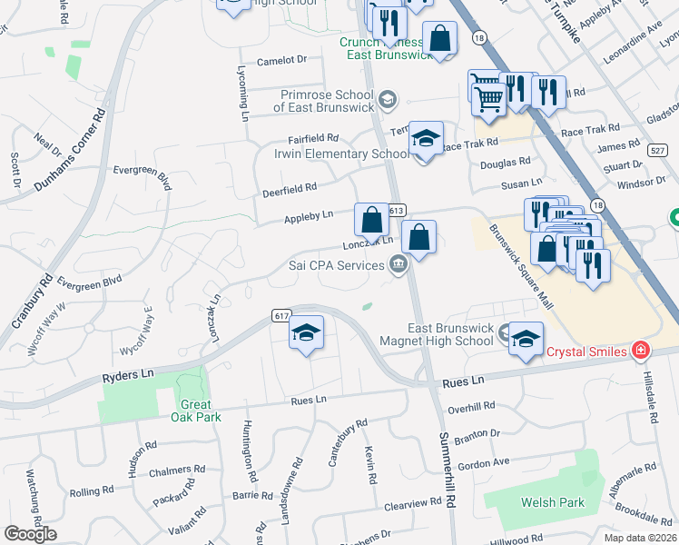 map of restaurants, bars, coffee shops, grocery stores, and more near 42 Dallenbach Lane in East Brunswick