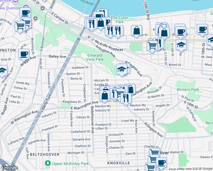 map of restaurants, bars, coffee shops, grocery stores, and more near 724 Eureka Street in Pittsburgh