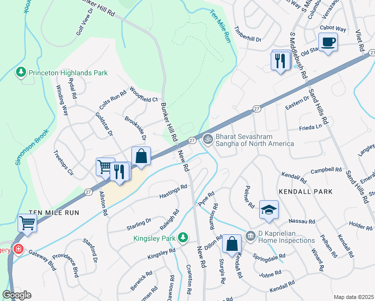 map of restaurants, bars, coffee shops, grocery stores, and more near 3510 New Jersey 27 in South Brunswick Township