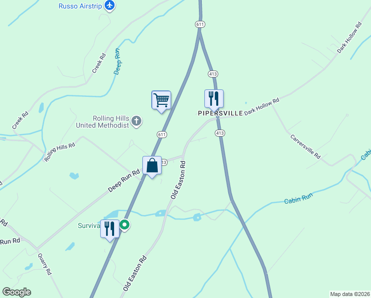 map of restaurants, bars, coffee shops, grocery stores, and more near 6912 Old Easton Road in Pipersville